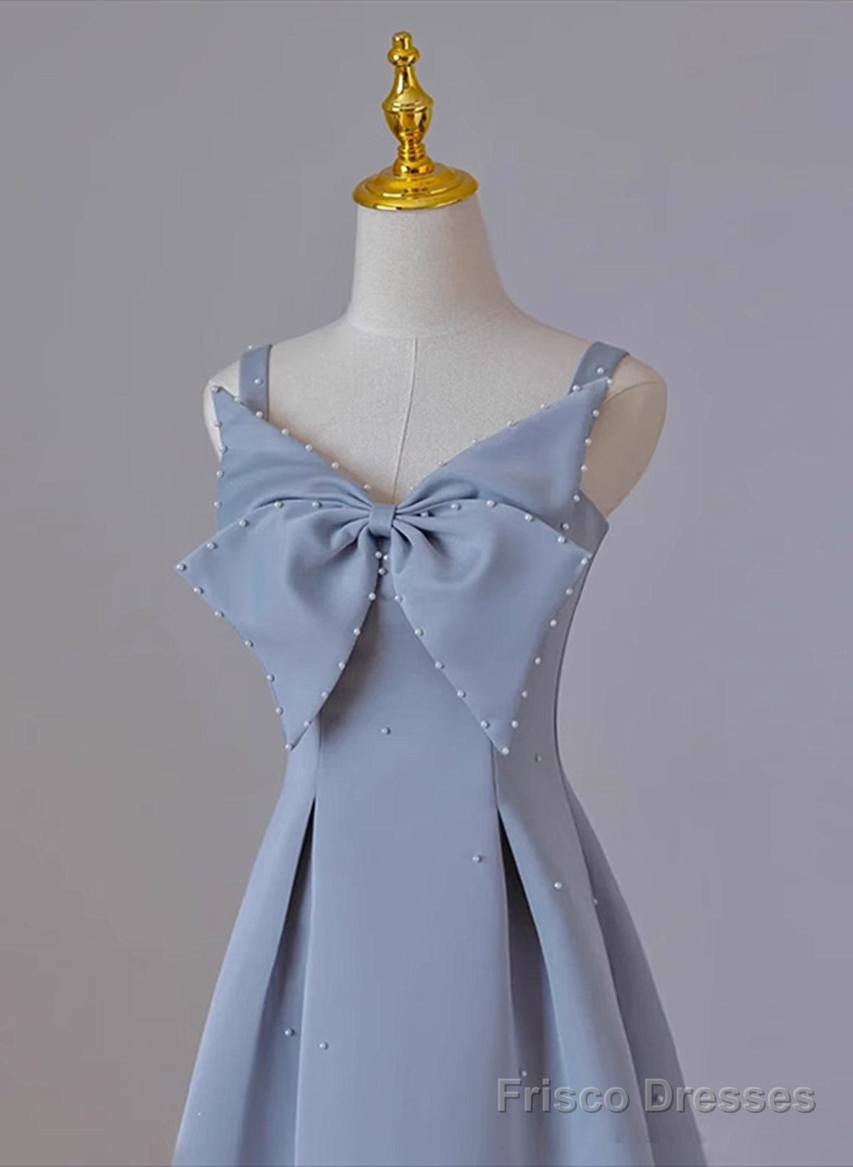 Grey Blue Tea Length Satin Straps Formal Dress, A-line Wedding Party Dress