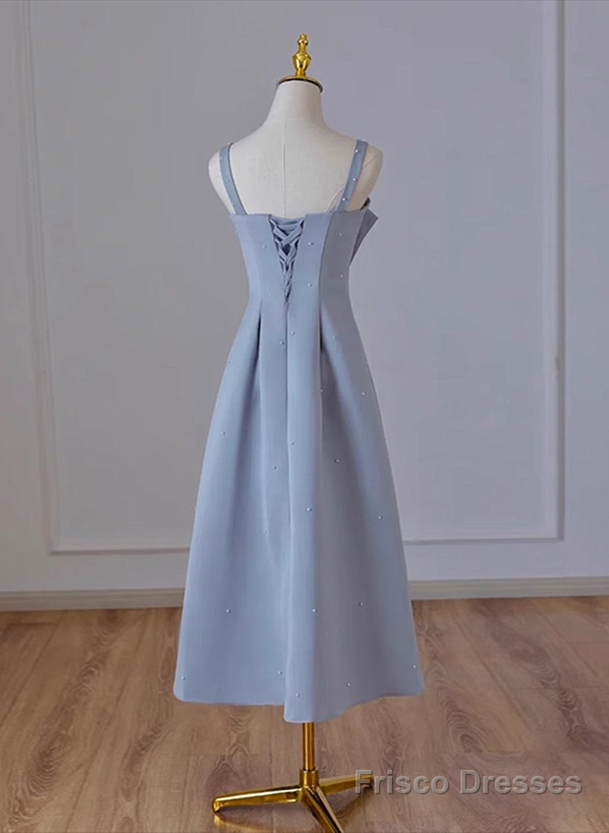 Grey Blue Tea Length Satin Straps Formal Dress, A-line Wedding Party Dress Secondary image