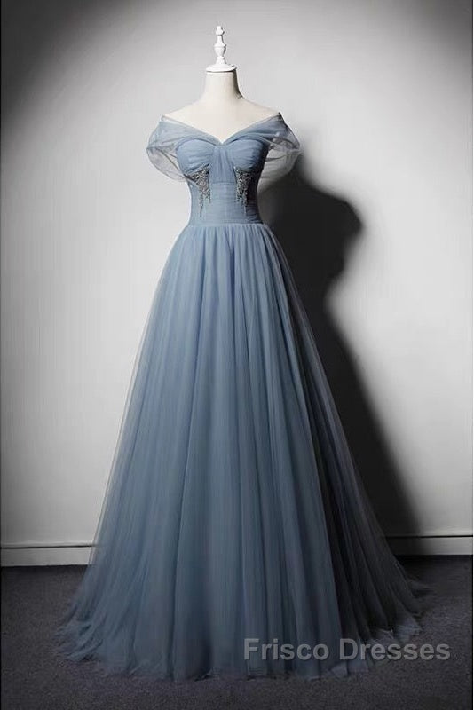 Grey-Blue Tulle Off Shoulder Beaded Long Formal Prom Dress Party Dress, Long Evening Gowns