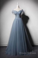 Grey-Blue Tulle Off Shoulder Beaded Long Formal Prom Dress Party Dress, Long Evening Gowns