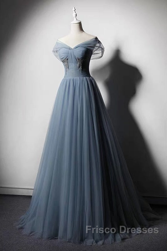 Grey-Blue Tulle Off Shoulder Beaded Long Formal Prom Dress Party Dress, Long Evening Gowns