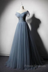 Grey-Blue Tulle Off Shoulder Beaded Long Formal Prom Dress Party Dress, Long Evening Gowns