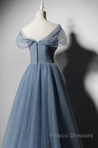 Grey-Blue Tulle Off Shoulder Beaded Long Formal Prom Dress Party Dress, Long Evening Gowns