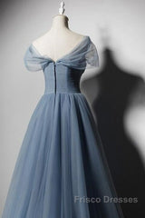 Grey-Blue Tulle Off Shoulder Beaded Long Formal Prom Dress Party Dress, Long Evening Gowns