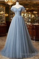 Grey-Blue Tulle Off Shoulder Beaded Long Formal Prom Dress Party Dress, Long Evening Gowns