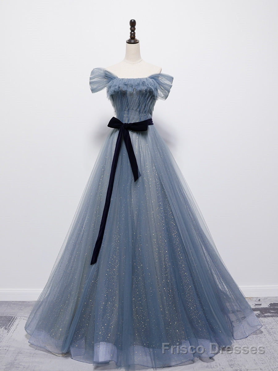 Grey-Blue Tulle Off Shoulder Long Party Dress with Bow, A-line Floor Length Prom Dress Main image