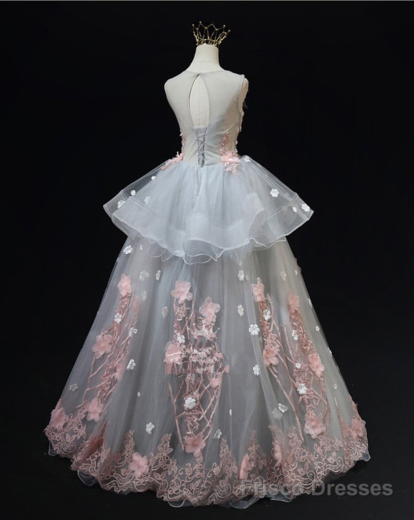 Grey Flowers Round Neckline Tulle with Lace Party Dress, Grey Sweet 16 Dress