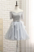 Grey Lace And Organza Homecoming Dress, Lovely Homecoming Dress , Short Formal Prom Dress