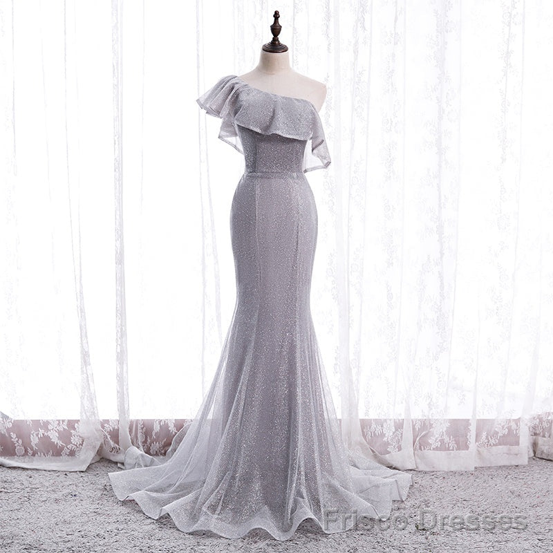 Grey One Shoulder Lace-up Shiny Long Prom Dress Party Dress, Grey Long Evening Dresses Secondary image
