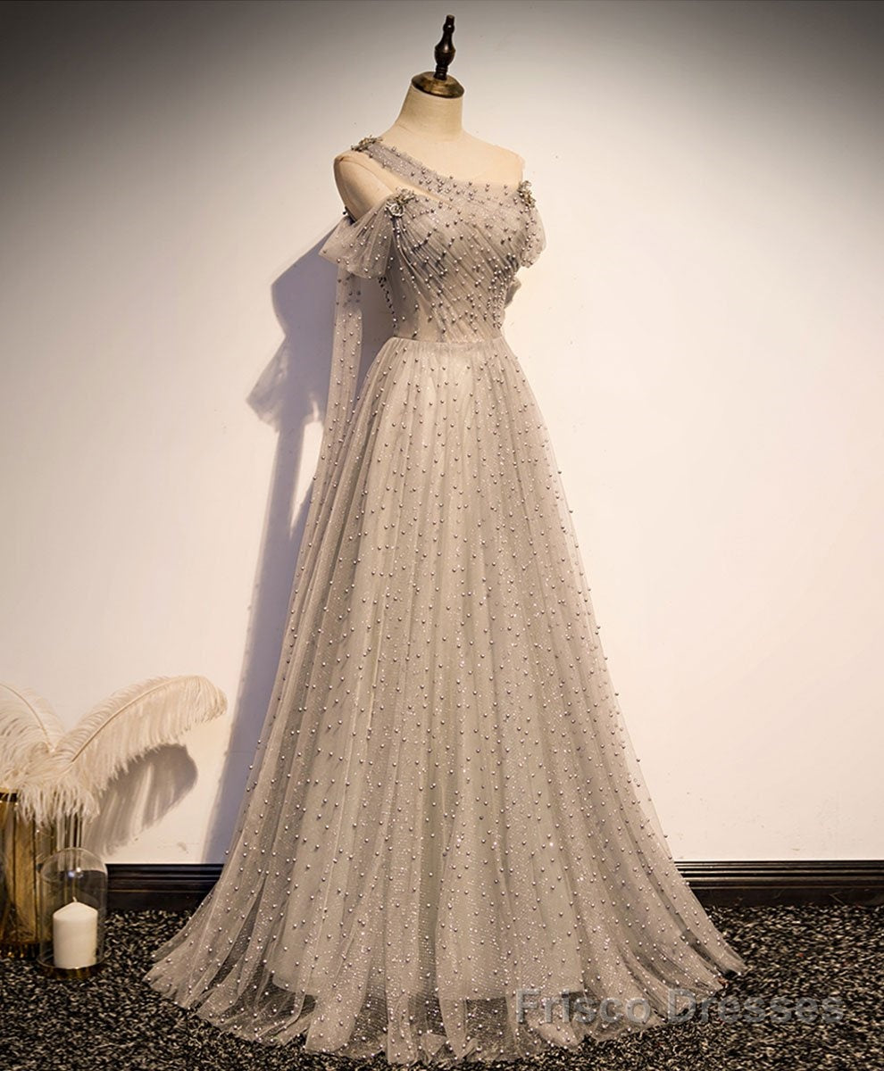 Grey One Shoulder Pearls Tulle Long Evening Dress, Light Grey Party Dress Formal Dress Main image