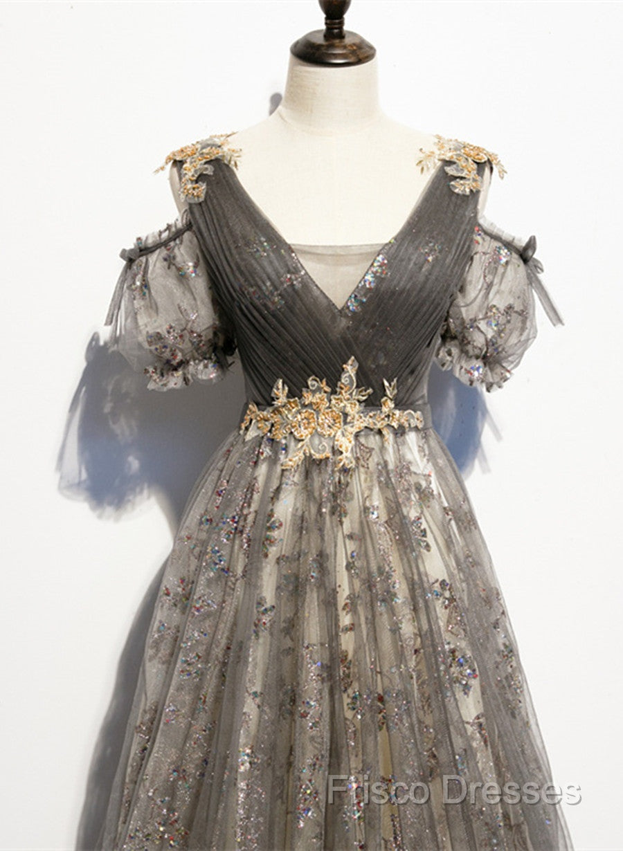 Grey Purple V-Neckline Tulle With Lace Formal Prom Dress, Off Shoulder A-Line Party Dress Secondary image