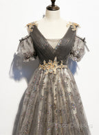 Grey Purple V-Neckline Tulle With Lace Formal Prom Dress, Off Shoulder A-Line Party Dress