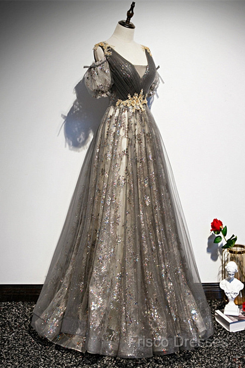 Grey Purple V-Neckline Tulle With Lace Formal Prom Dress, Off Shoulder A-Line Party Dress