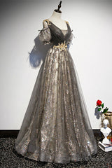 Grey Purple V-Neckline Tulle With Lace Prom Dress, Off Shoulder A-Line Party Dress