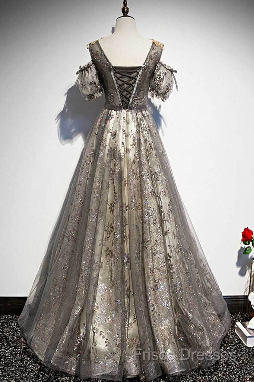 Grey Purple V-Neckline Tulle With Lace Formal Prom Dress, Off Shoulder A-Line Party Dress