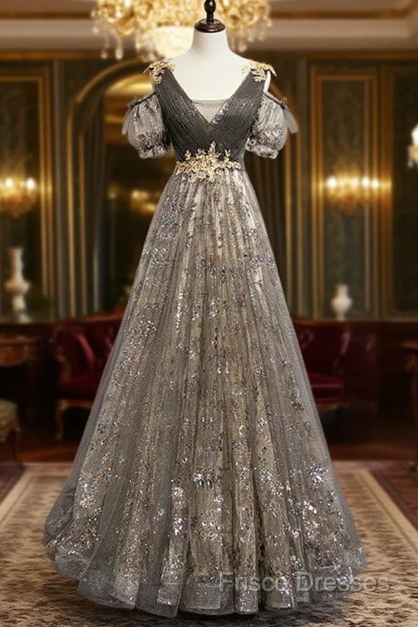 Grey Purple V-Neckline Tulle With Lace Formal Prom Dress, Off Shoulder A-Line Party Dress Main image