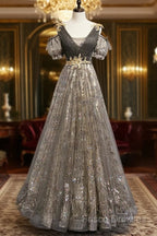 Grey Purple V-Neckline Tulle With Lace Formal Prom Dress, Off Shoulder A-Line Party Dress