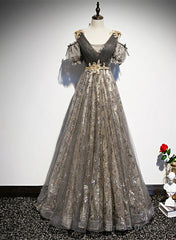 Grey Purple V-Neckline Tulle With Lace Prom Dress, Off Shoulder A-Line Party Dress