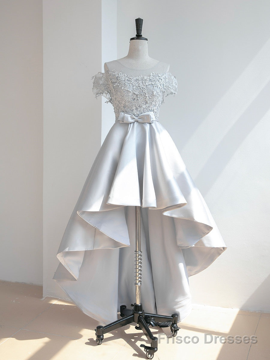 Grey Satin with Lace Off Shoulder High Low Homecoming Dress, Grey Prom Dress Secondary image