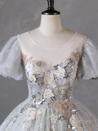 Grey Short Sleeves Tulle Ball Gown Formal Prom Dress, Grey Ball Gown Sweet 16 Dress