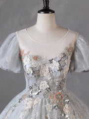 Grey Short Sleeves Tulle Ball Gown Prom Dress, Grey Ball Gown Sweet 16 Dress