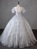 Grey Short Sleeves Tulle Ball Gown Formal Prom Dress, Grey Ball Gown Sweet 16 Dress