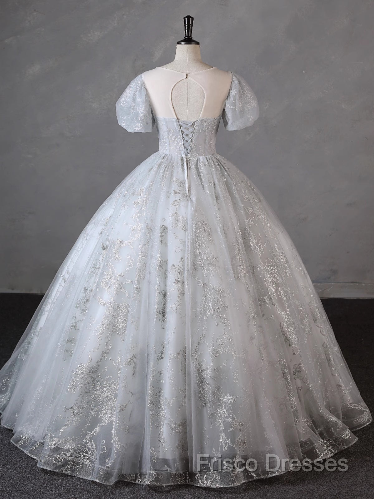 Grey Short Sleeves Tulle Ball Gown Formal Prom Dress, Grey Ball Gown Sweet 16 Dress