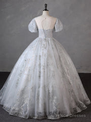 Grey Short Sleeves Tulle Ball Gown Prom Dress, Grey Ball Gown Sweet 16 Dress