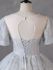 Grey Short Sleeves Tulle Ball Gown Prom Dress, Grey Ball Gown Sweet 16 Dress