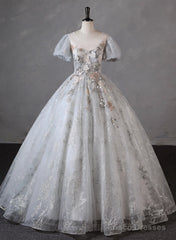 Grey Short Sleeves Tulle Ball Gown Prom Dress, Grey Ball Gown Sweet 16 Dress