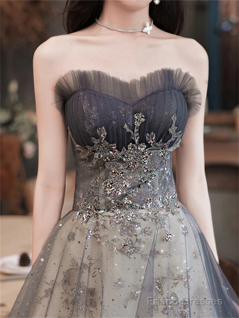 Grey Sweetheart A-Line Tulle With Lace Applique Party Dress, Grey Long Formal Dress Secondary image
