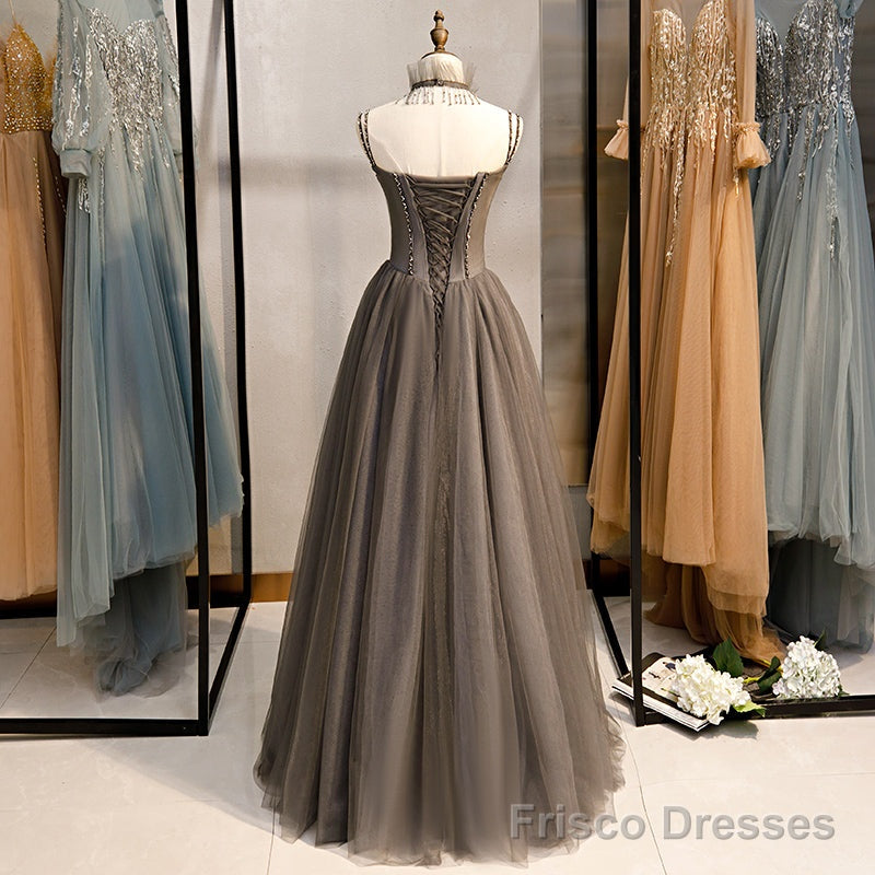 Grey Sweetheart Beaded Straps Long Tulle Prom Dress, Grey A-line Formal Dress Evening Dress