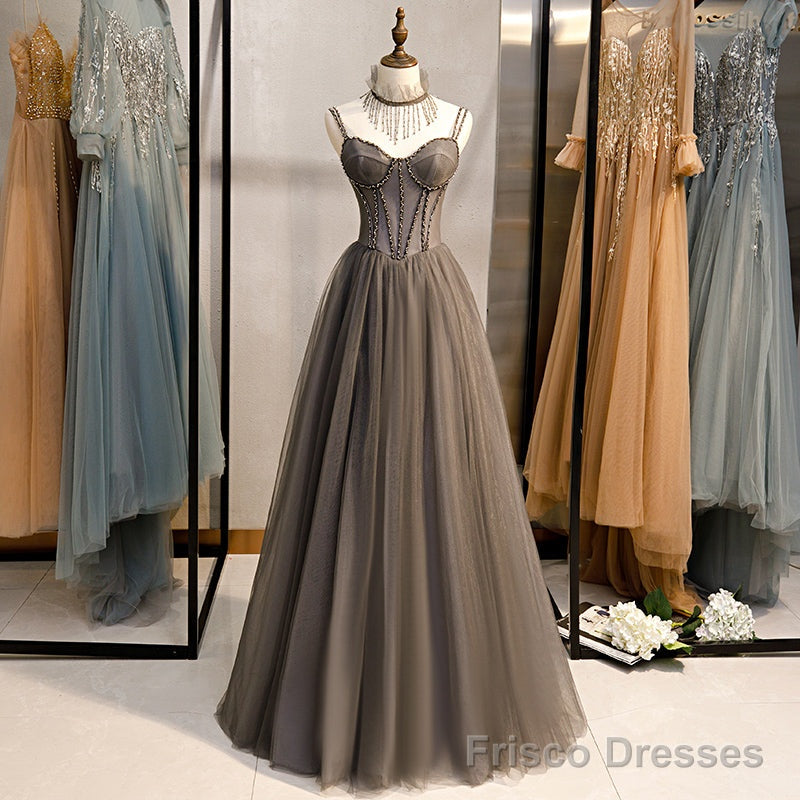 Grey Sweetheart Beaded Straps Long Tulle Prom Dress, Grey A-line Formal Dress Evening Dress