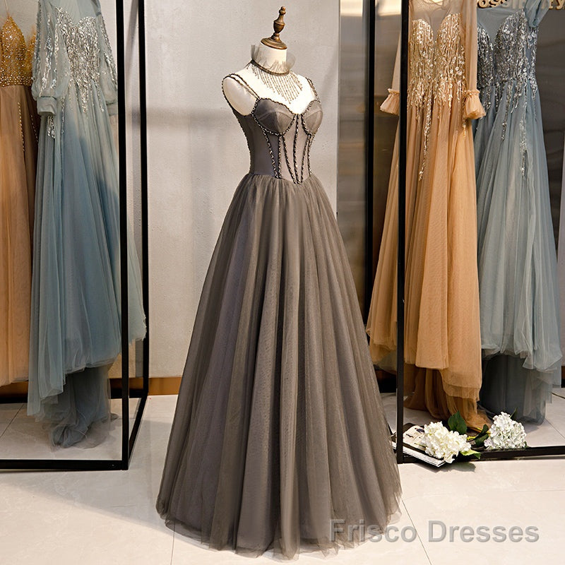 Grey Sweetheart Beaded Straps Long Tulle Prom Dress, Grey A-line Formal Dress Evening Dress Main image