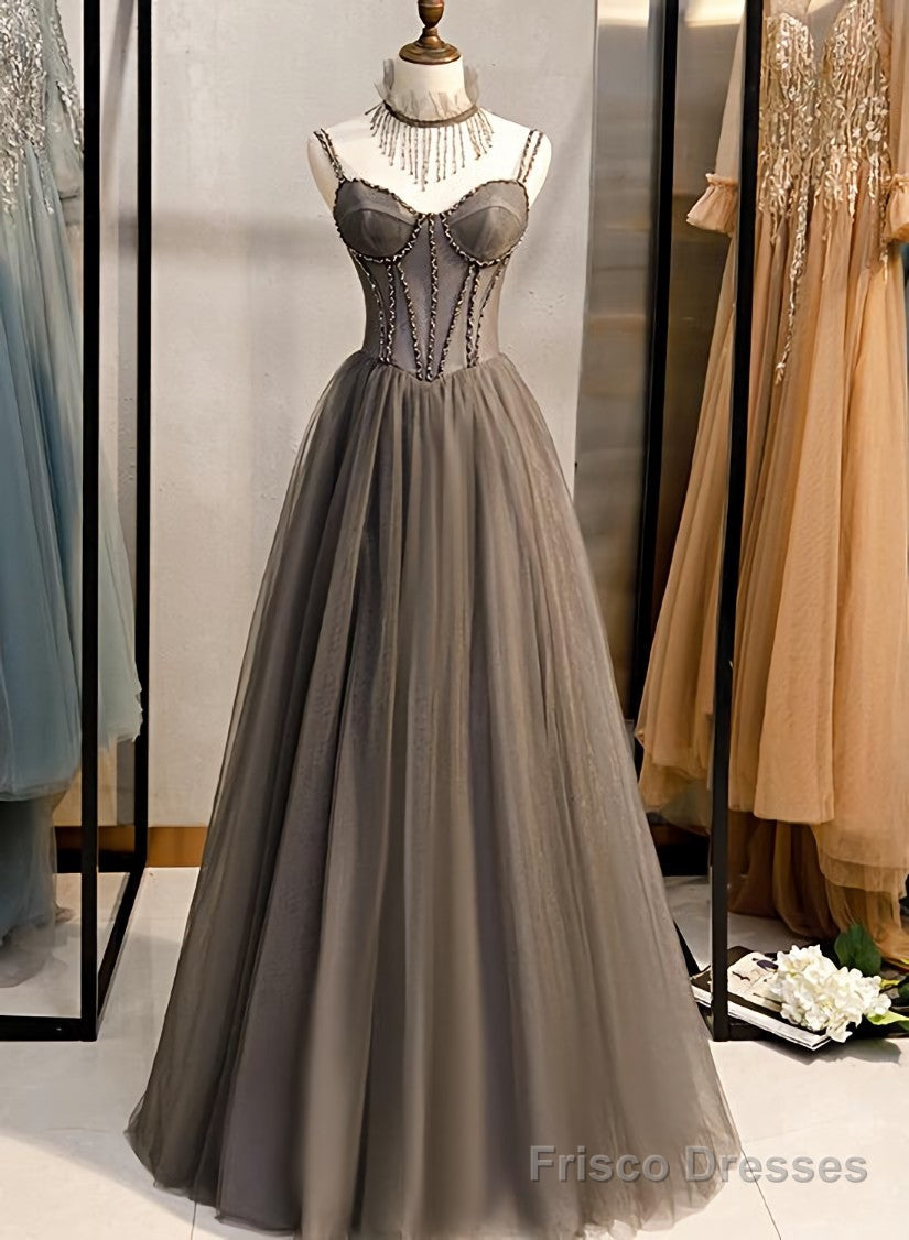 Grey Sweetheart Beaded Straps Long Tulle Prom Dress, Grey A-line Formal Dress Evening Dress Secondary image