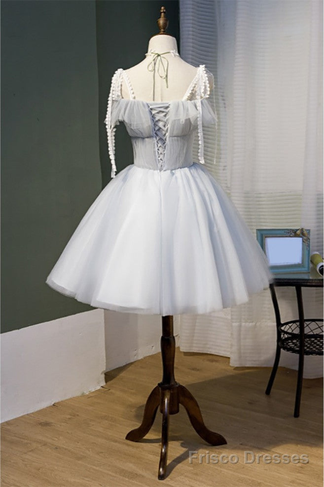 Grey Tulle Short Homecoming Dress with Appliques Sleeves Secondary image