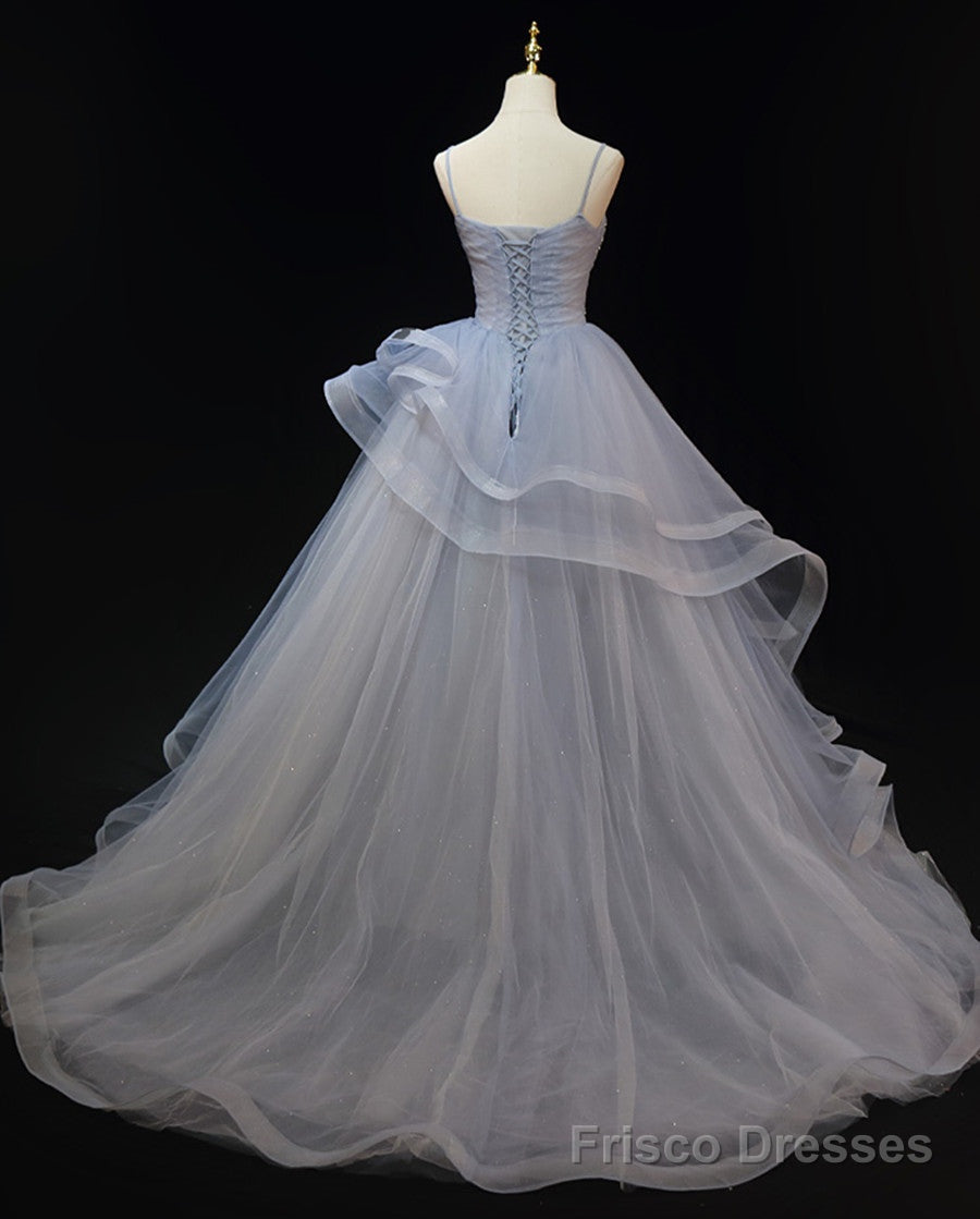 Grey Tulle Straps Layers Long Prom Dress Party Dress, Grey Ball Gown Formal Dress Secondary image