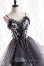 Grey Tulle Sweetheart Long Party Dress With Lace Applique, Grey Long Formal Prom Dress