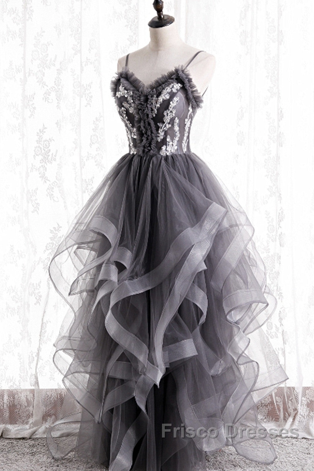 Grey Tulle Sweetheart Long Party Dress With Lace Applique, Grey Long Formal Prom Dress