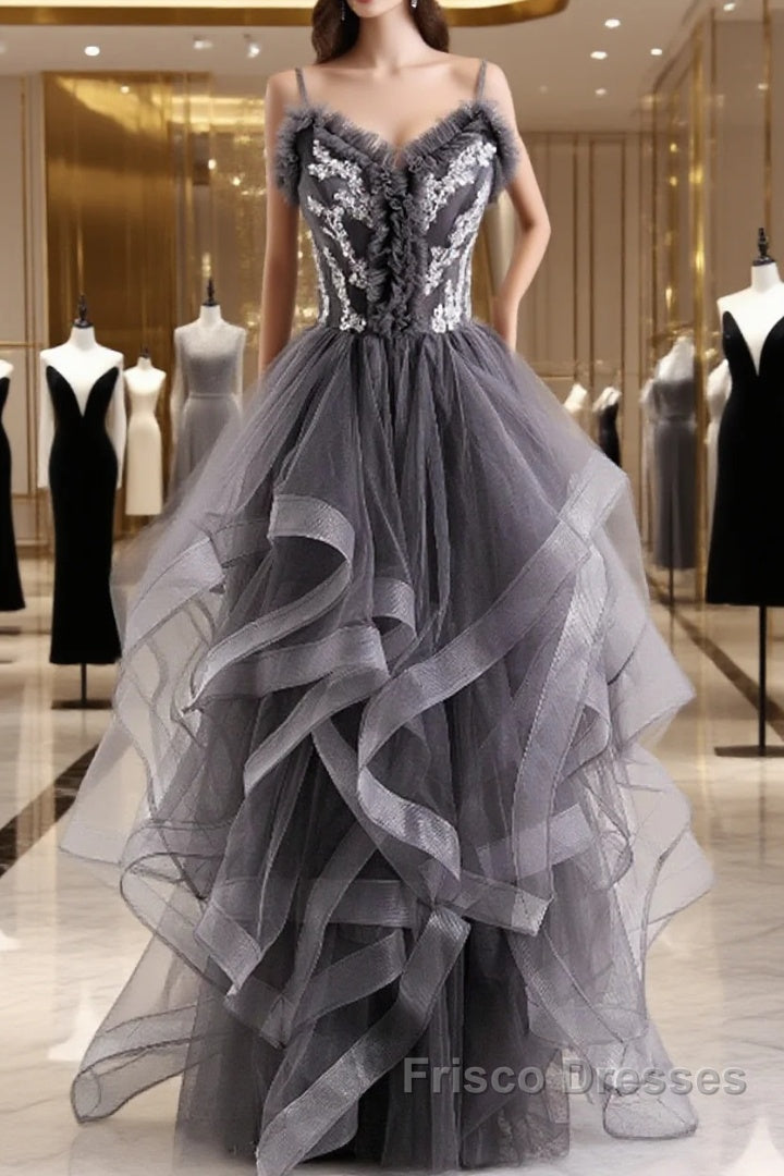 Grey Tulle Sweetheart Long Party Dress With Lace Applique, Grey Long Formal Prom Dress Main image
