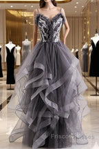 Grey Tulle Sweetheart Long Party Dress With Lace Applique, Grey Long Formal Prom Dress