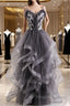Grey Tulle Sweetheart Long Party Dress With Lace Applique, Grey Long Formal Prom Dress