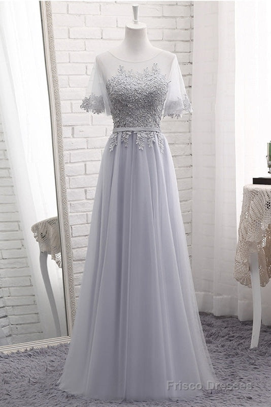 Grey Tulle With Lovely Lace Applique Wedding Party Dress, Grey Tulle A-Line Prom Dress Formal Dress Secondary image