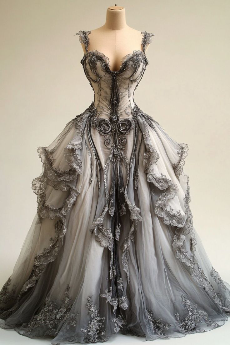 Grey V-Neck Lace Tulle Long Ball Gown, Vintage Formal Dress Main image
