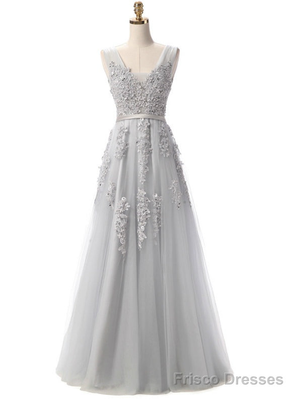 Grey V Neck Long Lace Appliques Prom Dresses Main image