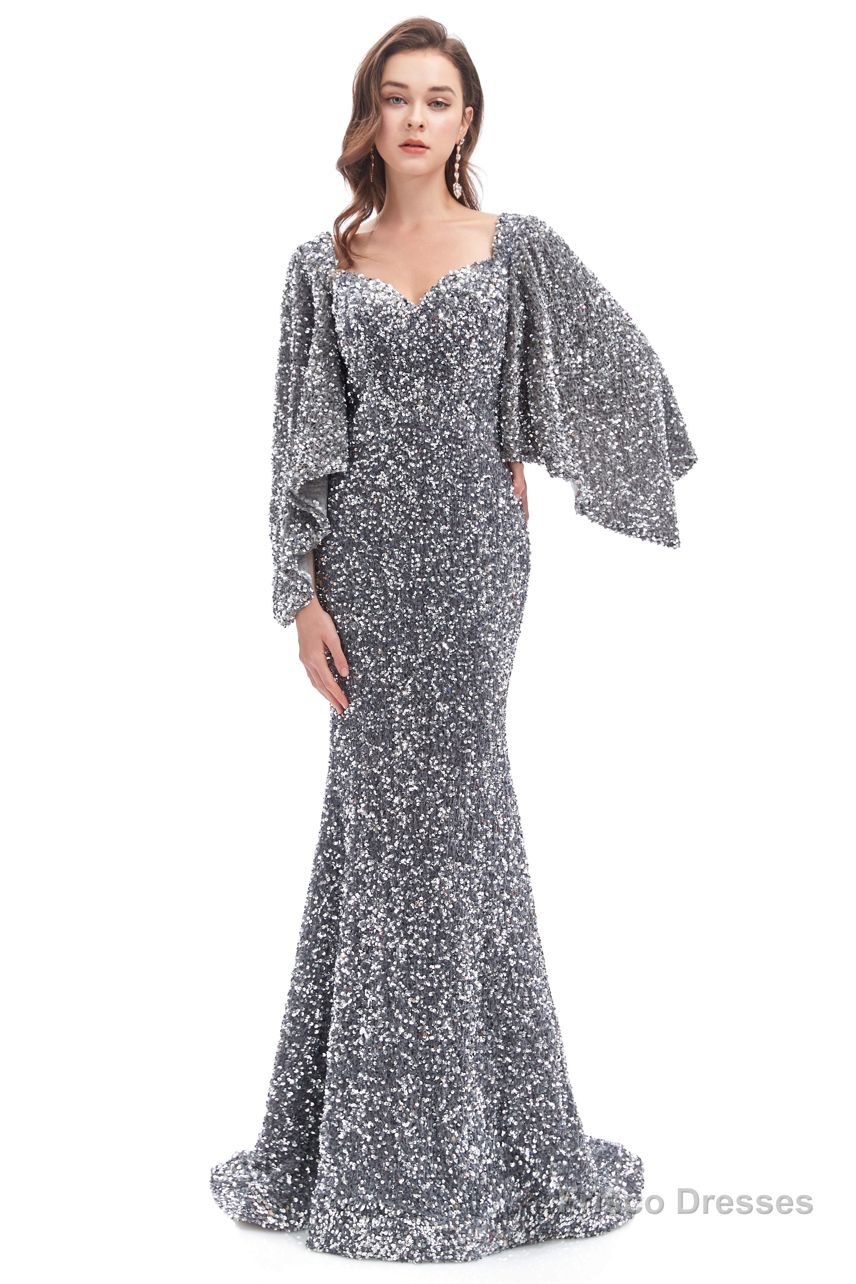 V-Neck Sequins Mermaid Prom Dresses with Sleeves