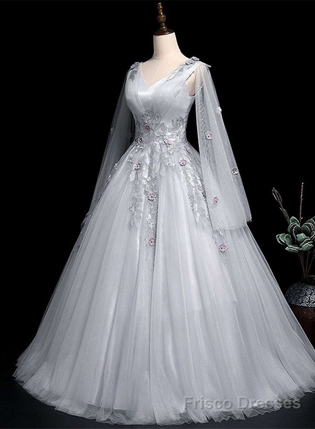 Grey V-neckline Ball Gown with Lace and Flowers Party Dress, Grey Sweet 16 Dress Main image