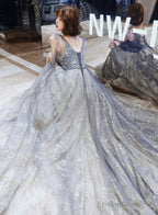 Grey V-Neckline Tulle Beaded Waist Long Party Dress, A-Line Grey Formal Dress