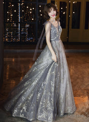 Grey V-Neckline Tulle Beaded Waist Long Party Dress, A-Line Grey Formal Dress