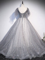 Grey V-neckline Tulle Low Back Long Prom Dress, Grey Formal Dress Party Dress